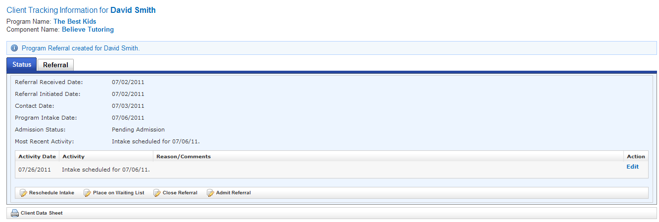 Client Tracking Information screen showing Status tab with active buttons