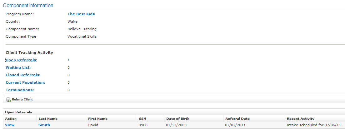 Client Tracking Activity section with Open Referrals link highlighted and Open Referrals list below