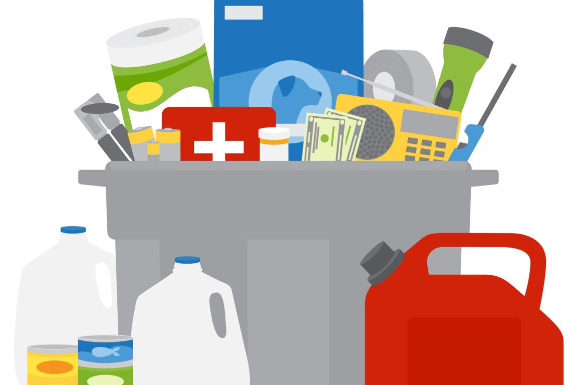 Grouping of items, which include water jugs, gas can, cans of food, lighter, dog food bag, flashlight, money, radio, medication bottle, batteries, can opener, paper towels and a first aid kit.