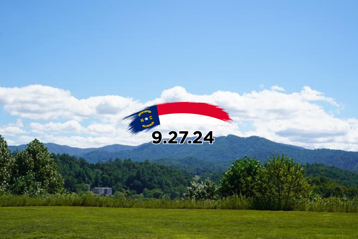 NC Mountains with a flag to remember Helene 2024