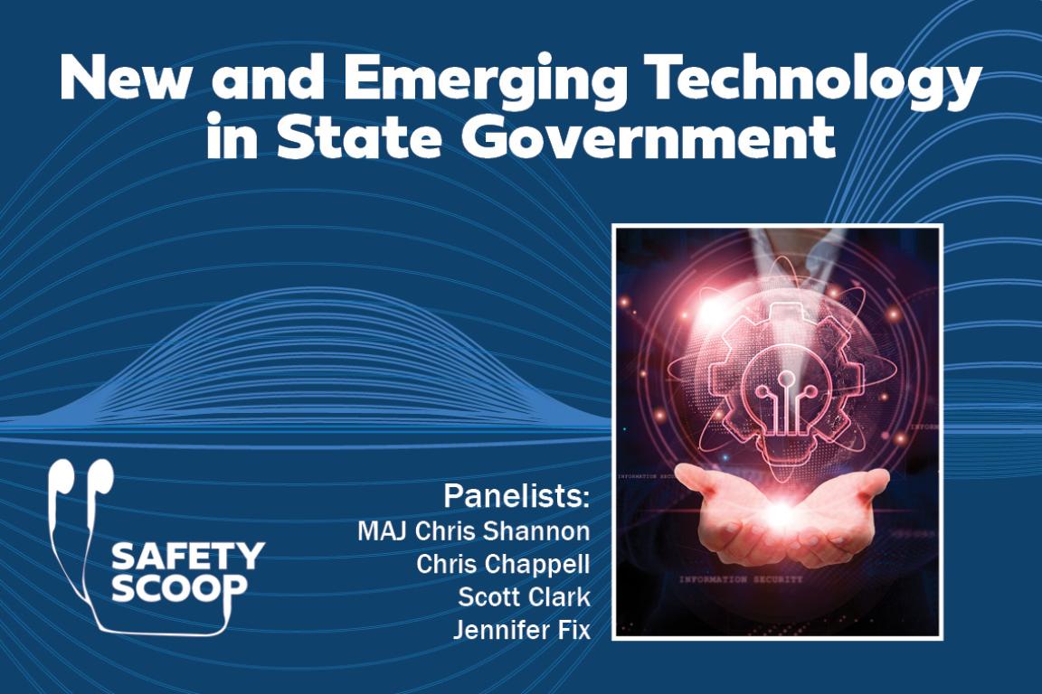 Blue graphic with title, "New and Emerging Technology in State Government." A graphic of hands with an iridescent lightbulb floating over them is below the title. 