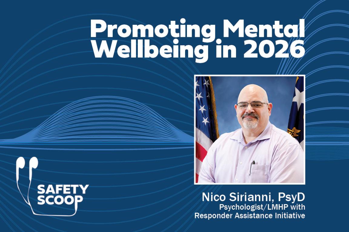 Blue graphic with title, "Promoting Mental Wellbeing in 2026." Photo of white male in pink button-up shirt in front of American and NC flag.
