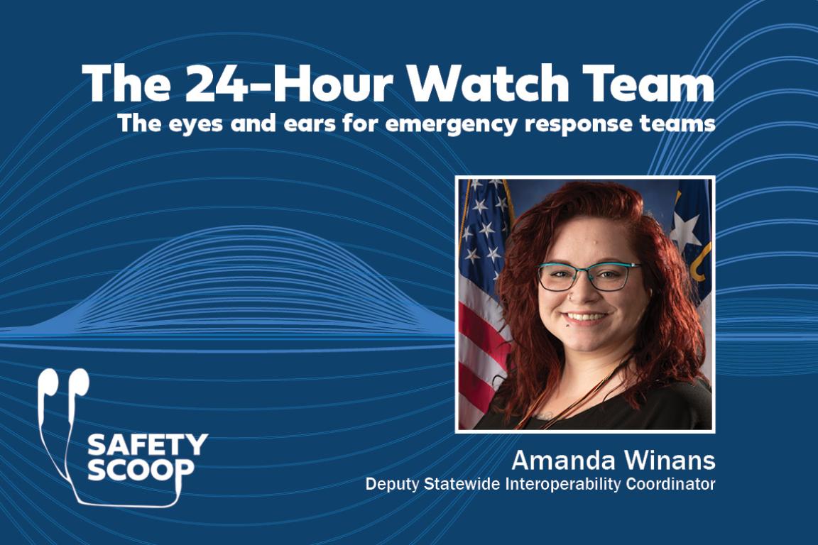 Blue graphic with title, "The 24-Hour Watch Team." Photo of female, wearing glasses in a black blouse in front of American and NC flag.