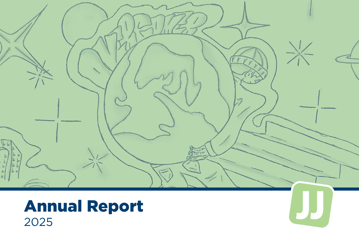 Sketch of a hand holding the Earth with text that reads "Annual Report 2025" and a JJ Submark.