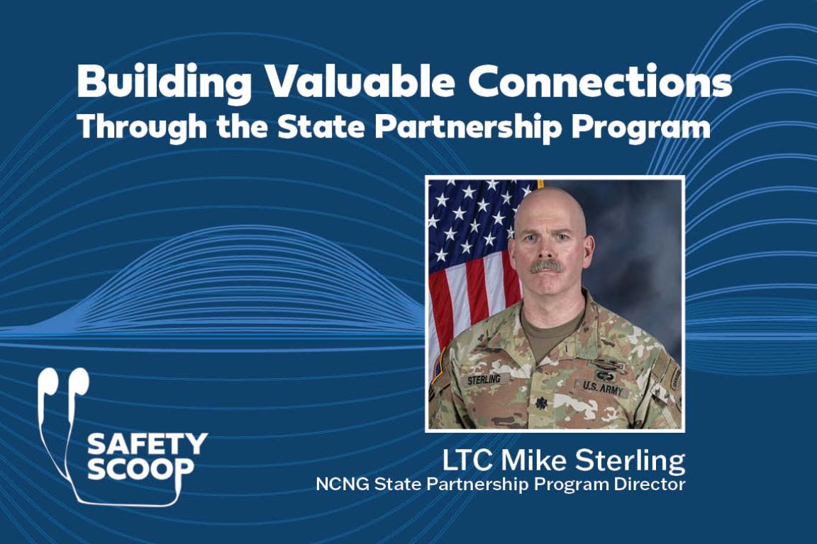 Blue graphic with title, "Building Valuable Connections Through the State Partnership Program." Photo of white male in green camo army uniform.