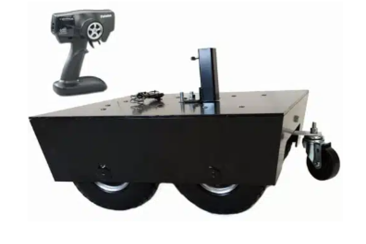 Black box on wheels with a controller next to it.