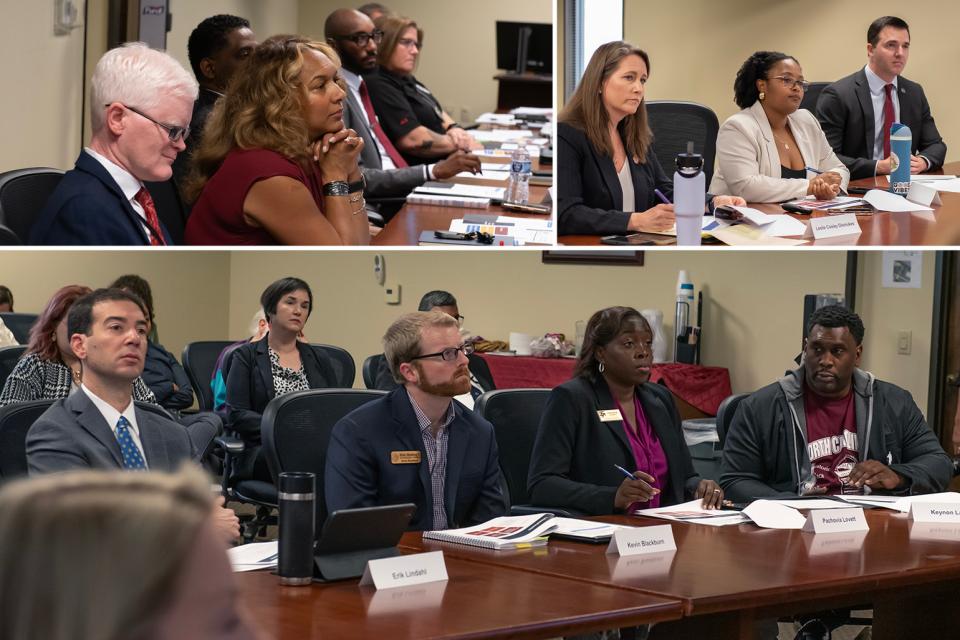 Three photo montage. Each photo shows people in a room listening.