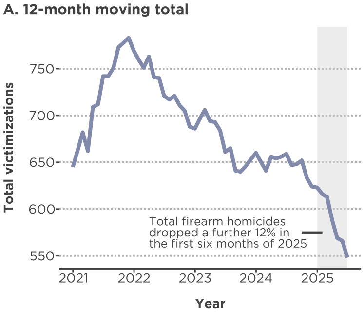 A line graph charting 12-month total firearm homicides at the end of each month between December 2020 and June 2025. See the caption below.