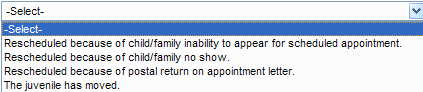 Dropdown menu showing Reasons for Rescheduling options