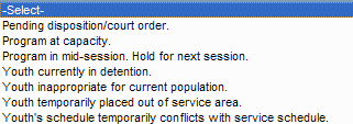 Dropdown menu showing Waiting List Reasons