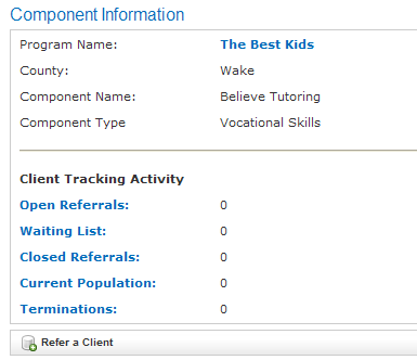 Component Information screen showing program details and Client Tracking Activity section