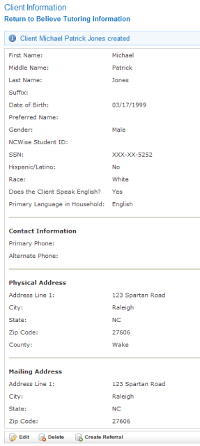 Client Information screen showing saved client details and action buttons