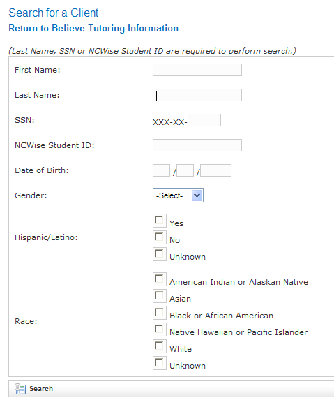 Search for a Client screen with search criteria fields