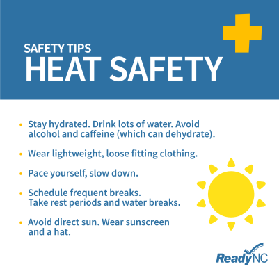 Graphic titled "Safety Tips: Heat Safety" from ReadyNC. It provides five heat safety tips.