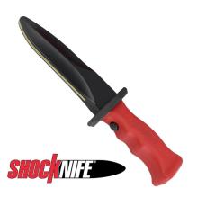 Knife with black blade and red handle. The "Shocknife" logo, which is the word "shock" in red letters and the letters n, i, f and e in white lettering over a black blade, is in the bottom left corner.