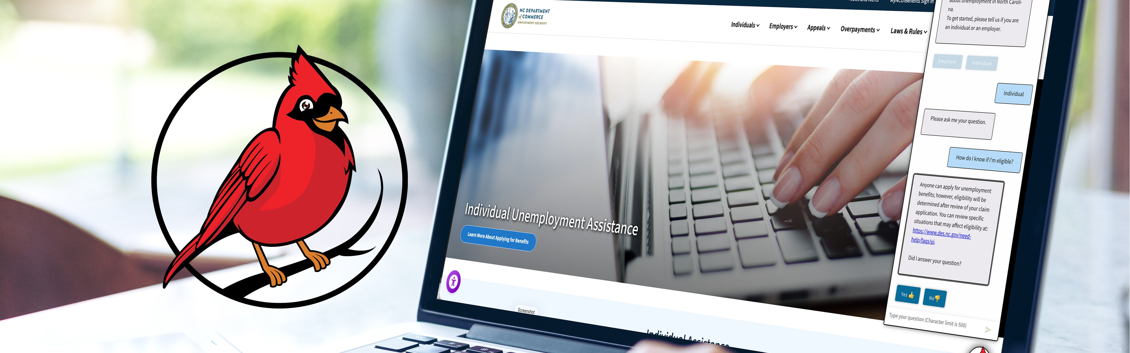 Promotional web banner featuring Felix, a red cardinal mascot for the North Carolina Division of Employment Security chatbot. The image shows Felix next to a laptop displaying an unemployment assistance webpage and an open chatbot conversation window.