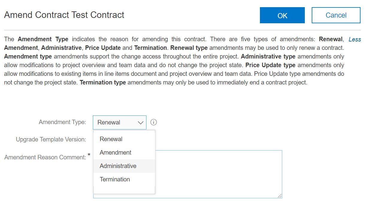 Dropdown menu showing four types of contract amendments. Dropdown menu showing four types of contract amendments.