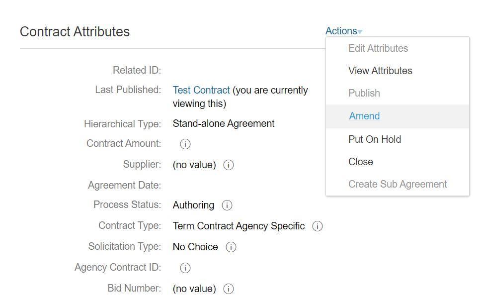 Dropdown menu showing the action to amend contract attributes. Dropdown menu showing the action to amend contract attributes.