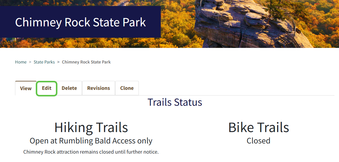 Edit Tab selected for a State Park landing page