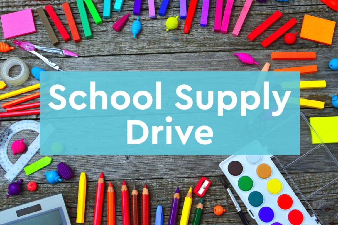 A circle of colorful pencils, paint, and crayons around a title card reading "School Supply Drive"