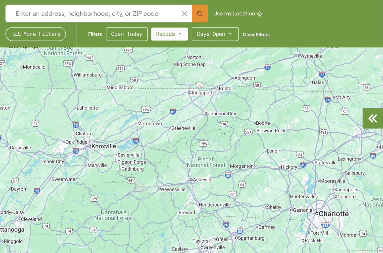 Green map of western North Carolina roads and surrounding states