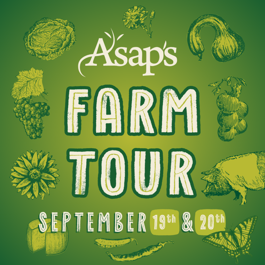 A green graphic with flower and vegetable icons promoting the ASAP Farm Tour