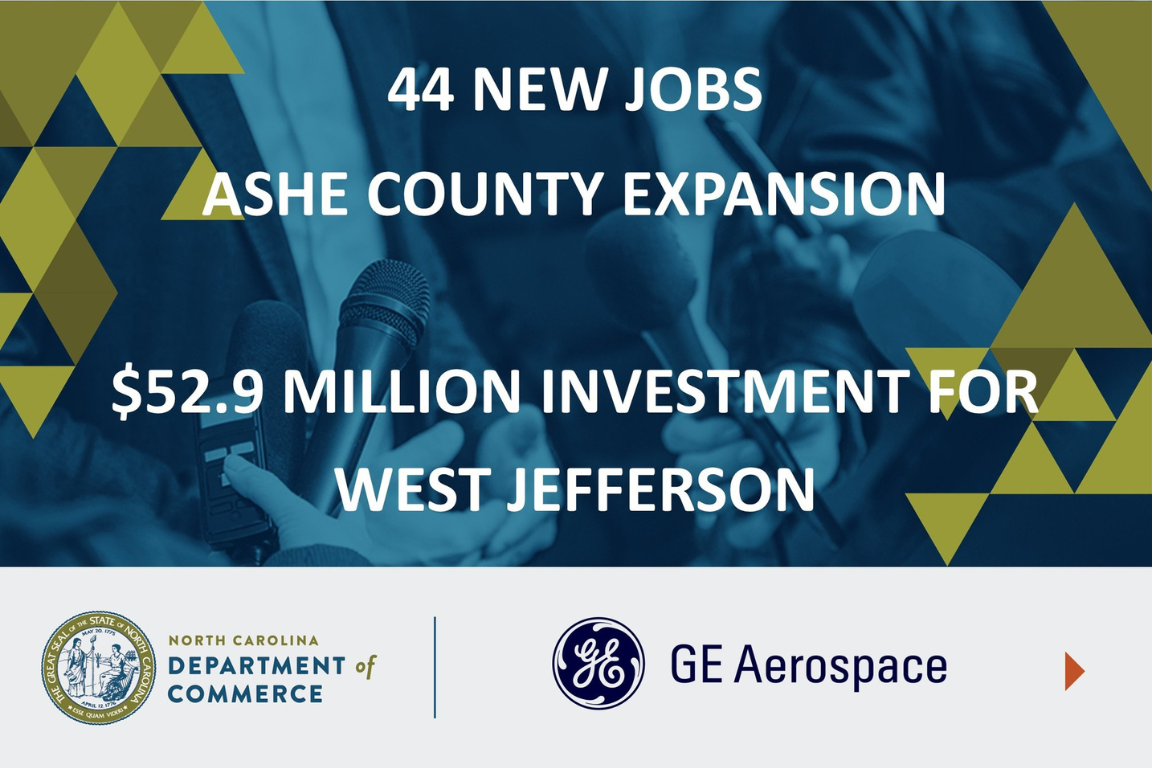Green and blue graphic announcing new jobs in North Carolina