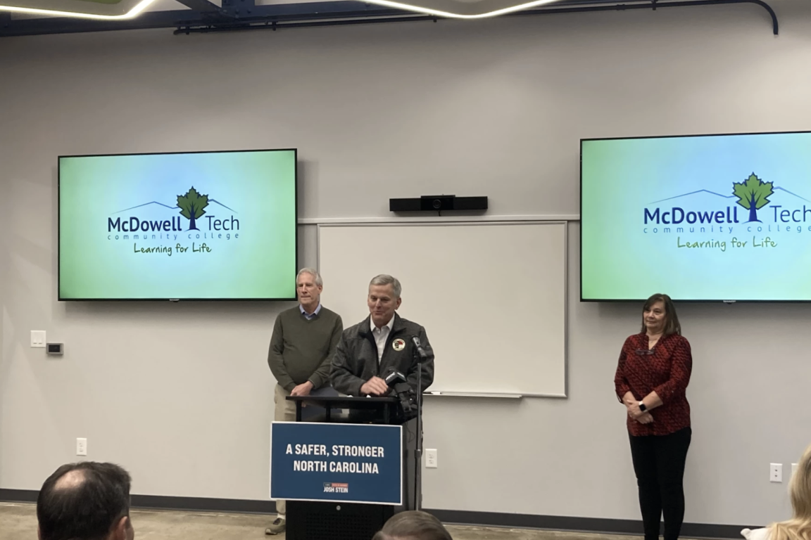 Leaders stand at a podium in front of two flat screen monitors