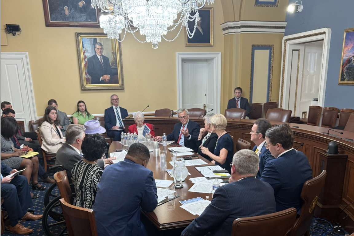 leaders sit around a large round table in a room with walls painted yellow and blue