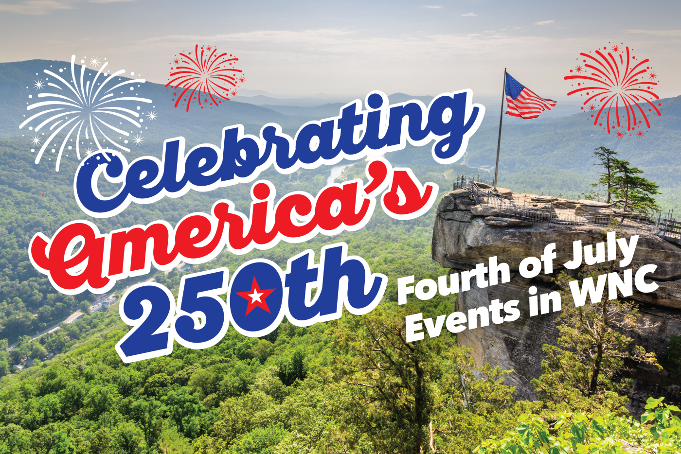 Mountain view with celebratory text and firework graphics