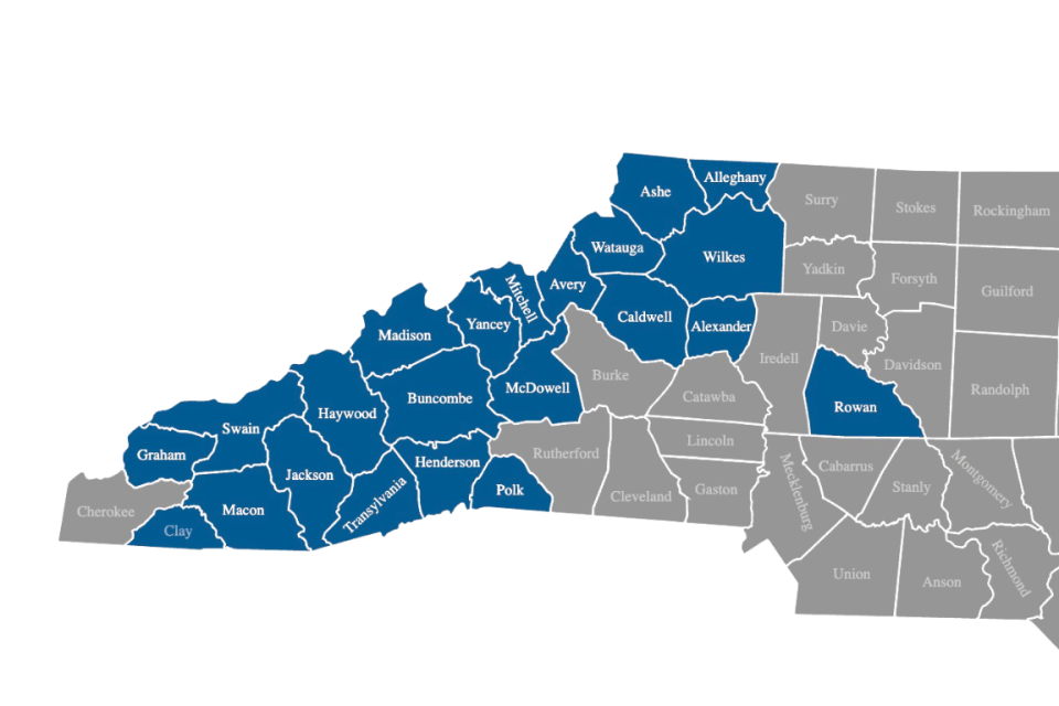 a map of North Carolina's western counties 
