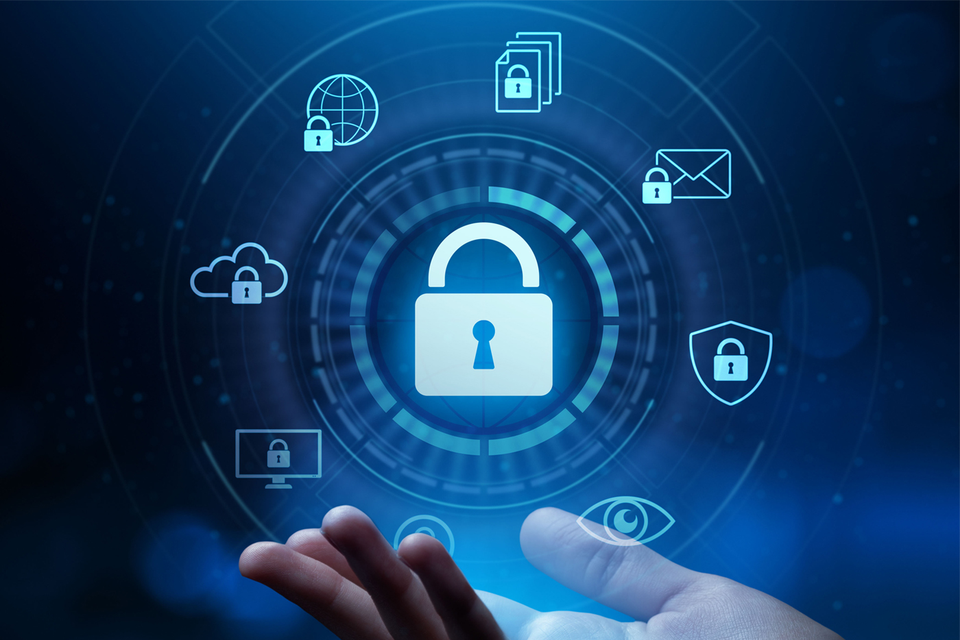 Open hand with cybersecurity icons floating above on a dark blue background.