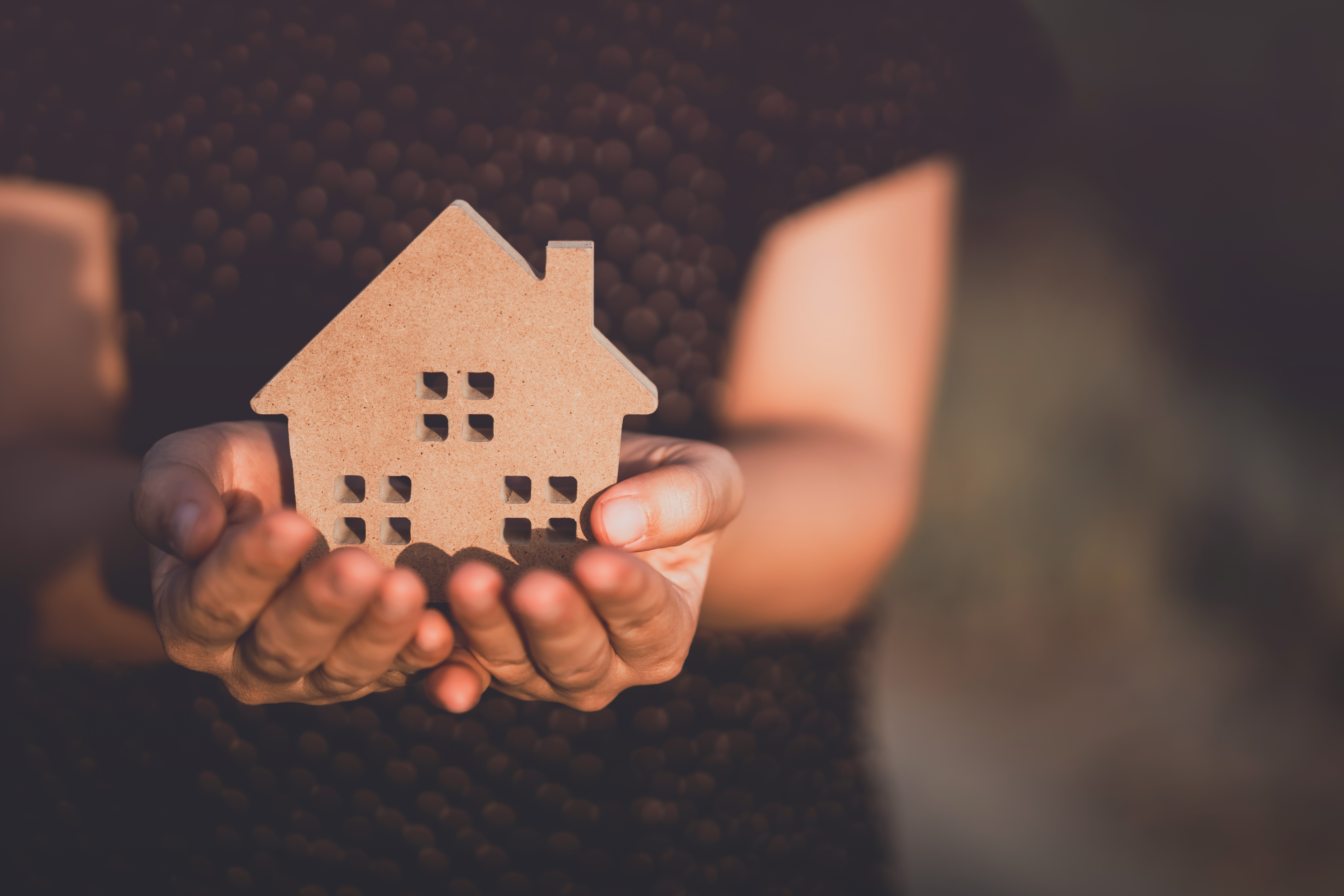 Woman holding a small wooden house figurine