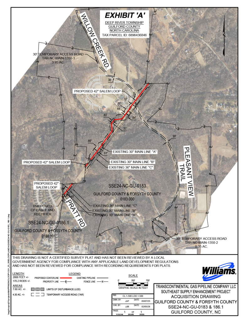Section of the transcontinental gas pipeline running between Pratt Road and the intersection of Willow Creek Road and Pleasant View Trail. The existing pipeline is represented by the black broken line, while the proposed centerline is represented in the solid red line. 