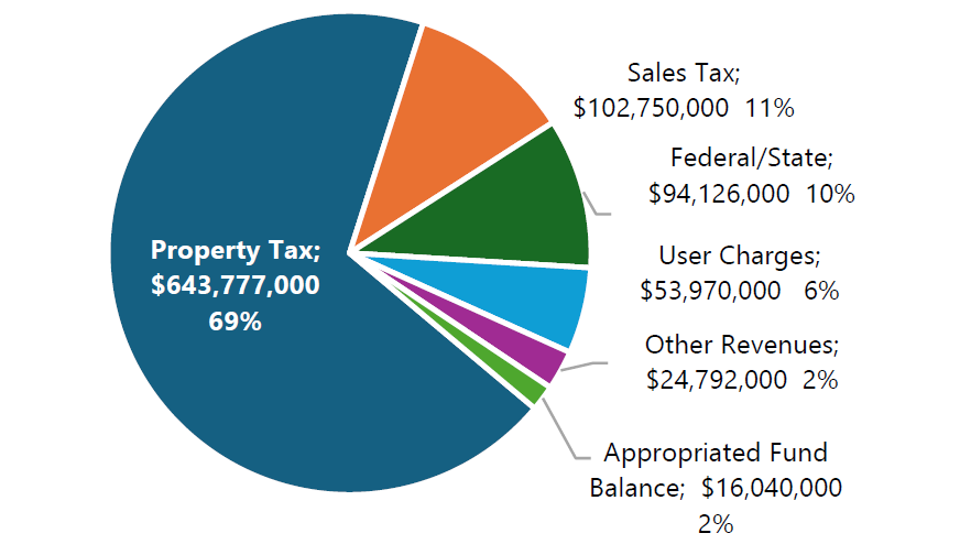 Pie chart for County budget revenue sources.