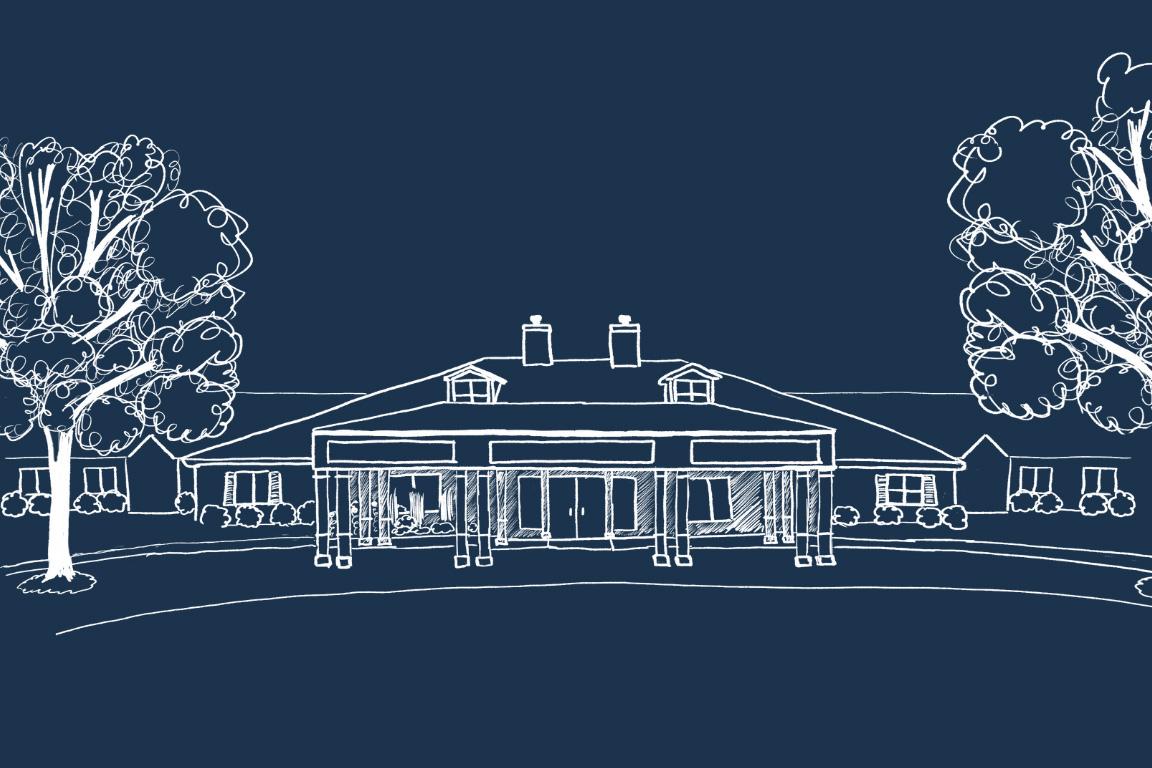 Rendering of the Reverend Prince Edward Graves Recovery and Treatment Center as a white line drawing on a dark blue background.  The view is the front of the facilities with trees on each side.