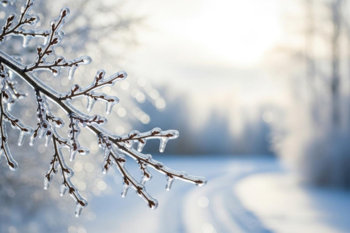 Winter scenery with an ice-covered tree branch