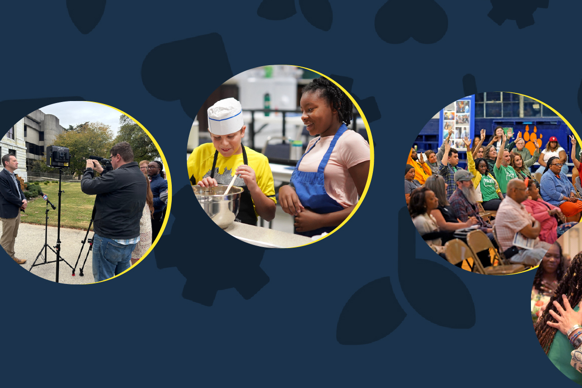 Dark blue background with image bubbles of two youths in a cooking class, a community gathering.