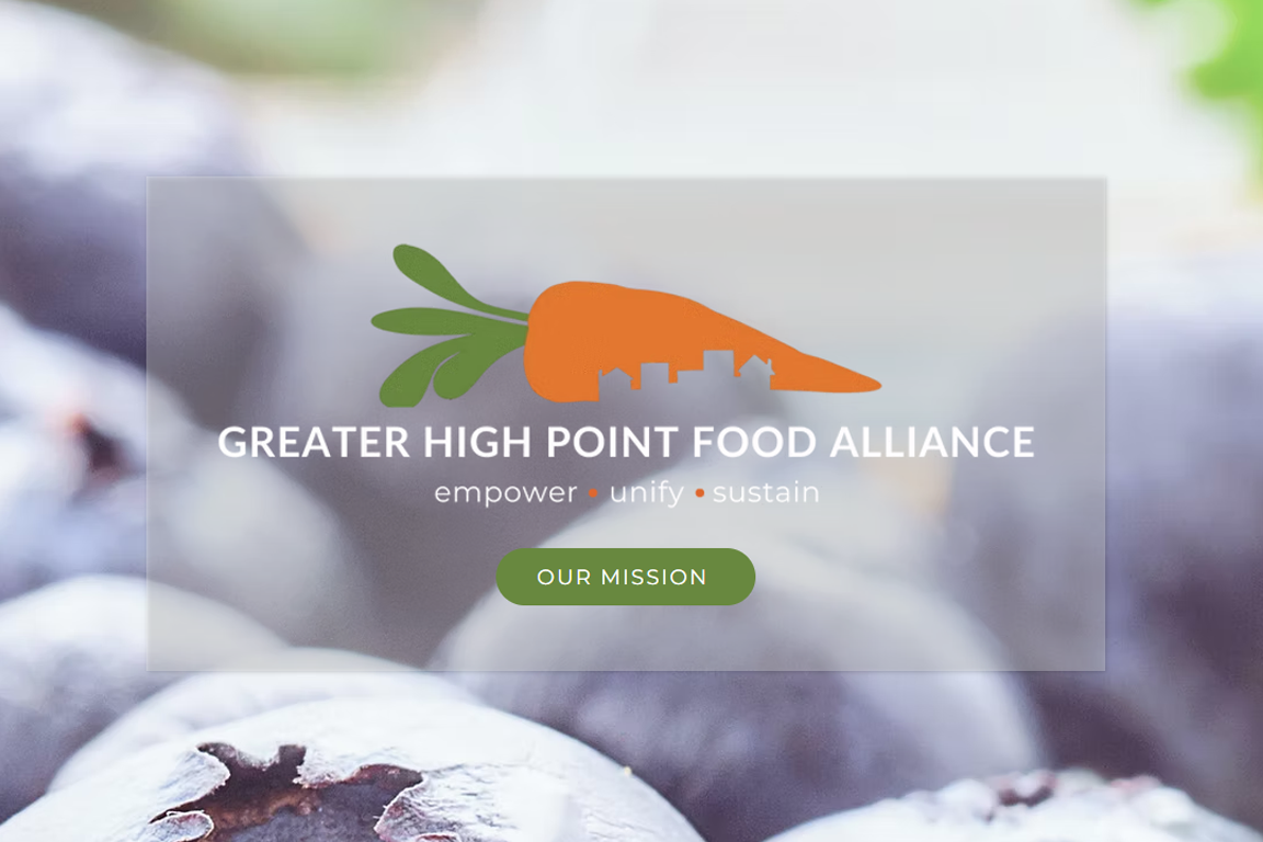 The Greater High Point Food Alliance logo of the City of High Point skyscape cut out of a carrot. Logo is on top of a background of blueberries.
