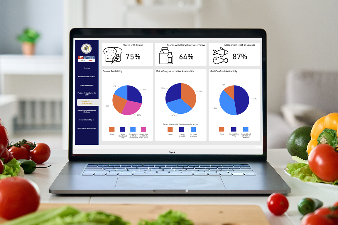 The Guilford County Grocery Gap dashboard displayed on a laptop computer set on a countertop surrounded by vegetables.