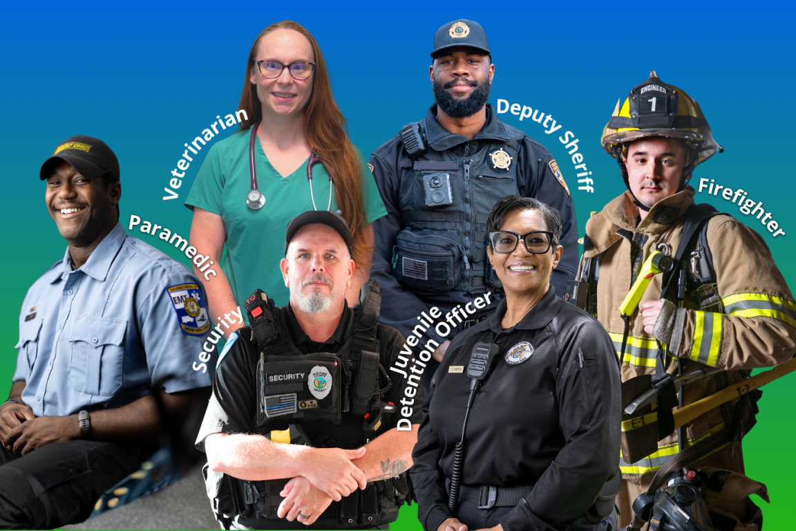 Six professionals including: a paramedic, veterinarian, Deputy Sheriff, security officer, juvenile detention officer, and firefighter, each in their respective uniforms.