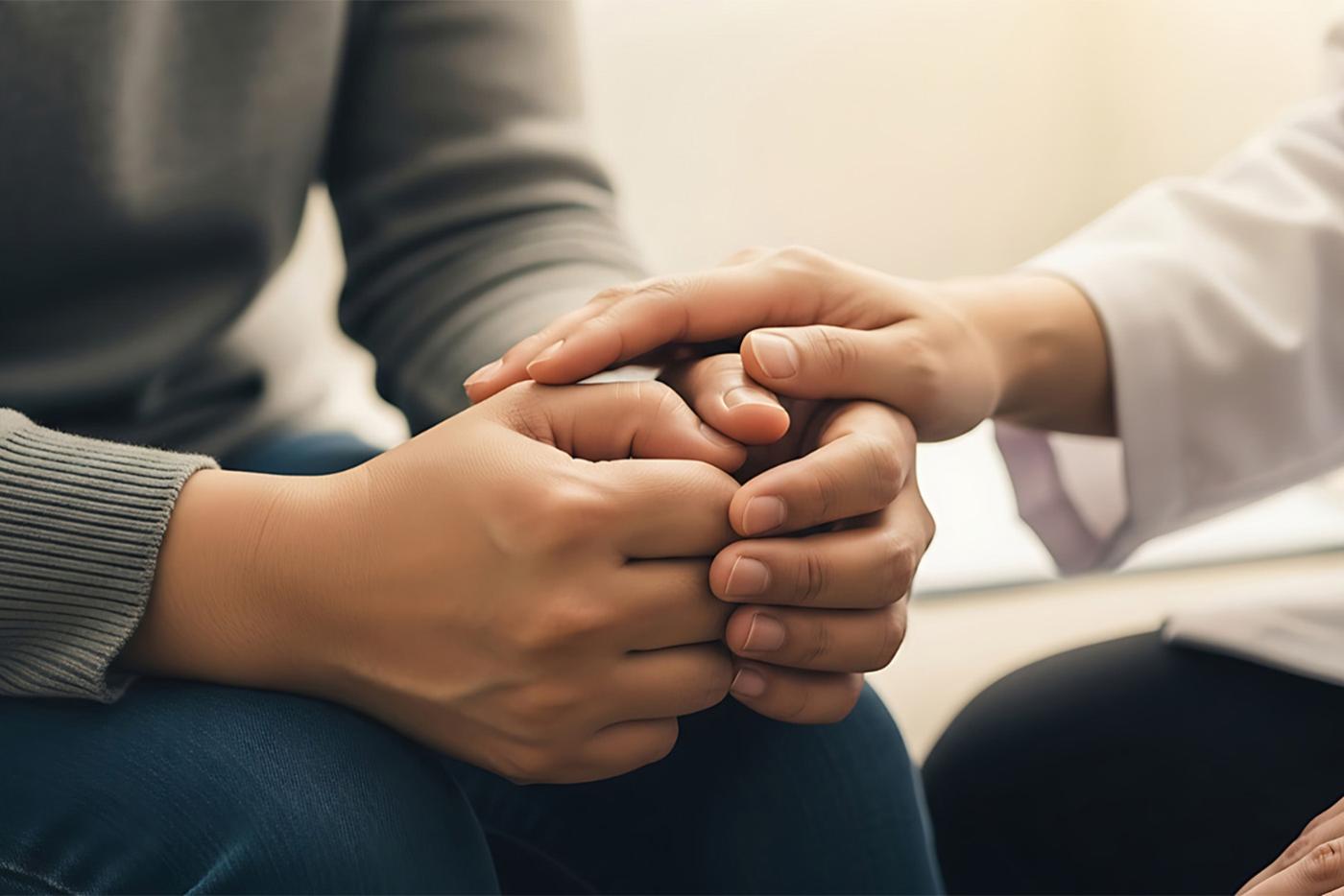 Consoling hand placed on top of someone holding their hands together.