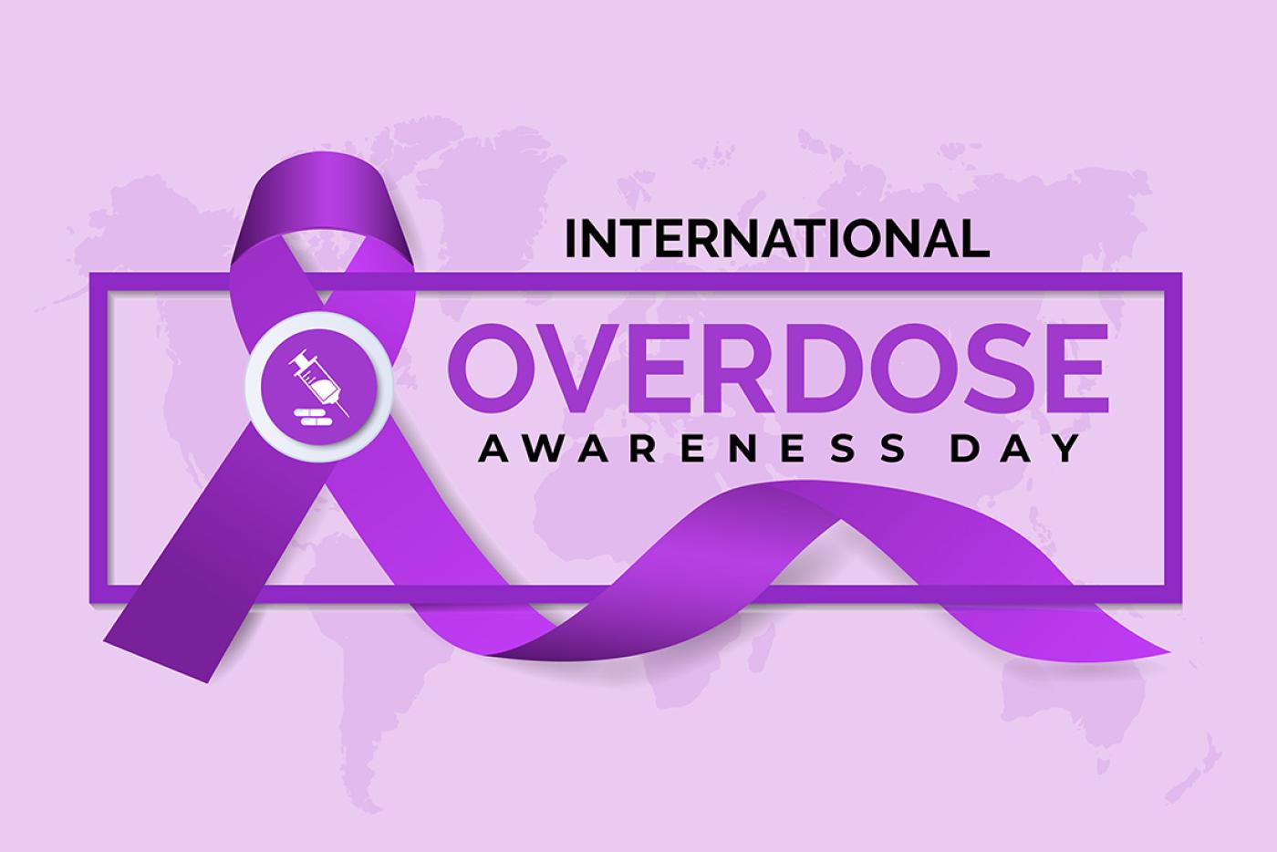 International Overdose Awareness Day with a purple ribbon over a world map background.