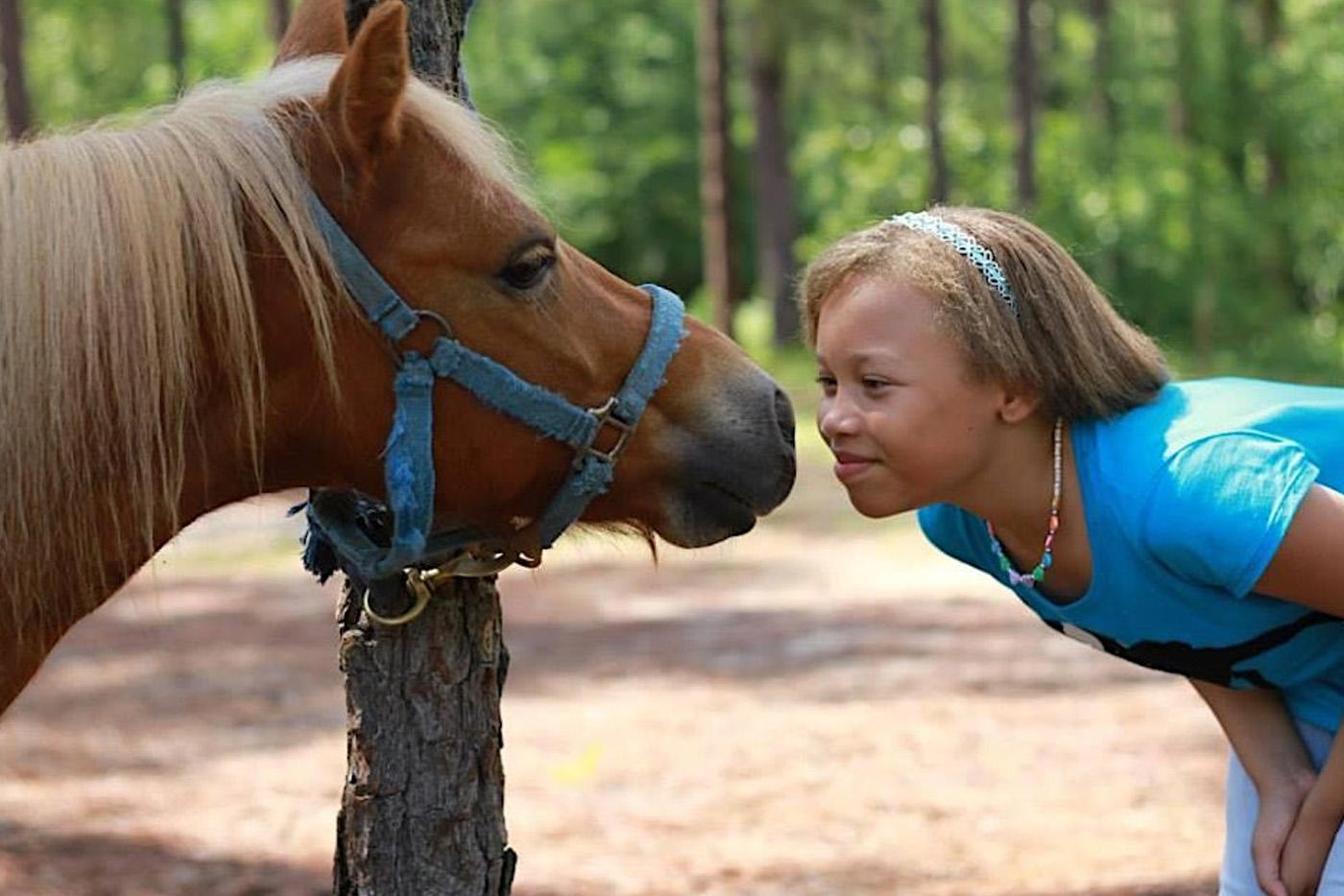 A young, smiling girl in aqua blue shirt is facing a horse nearly nose to nose.