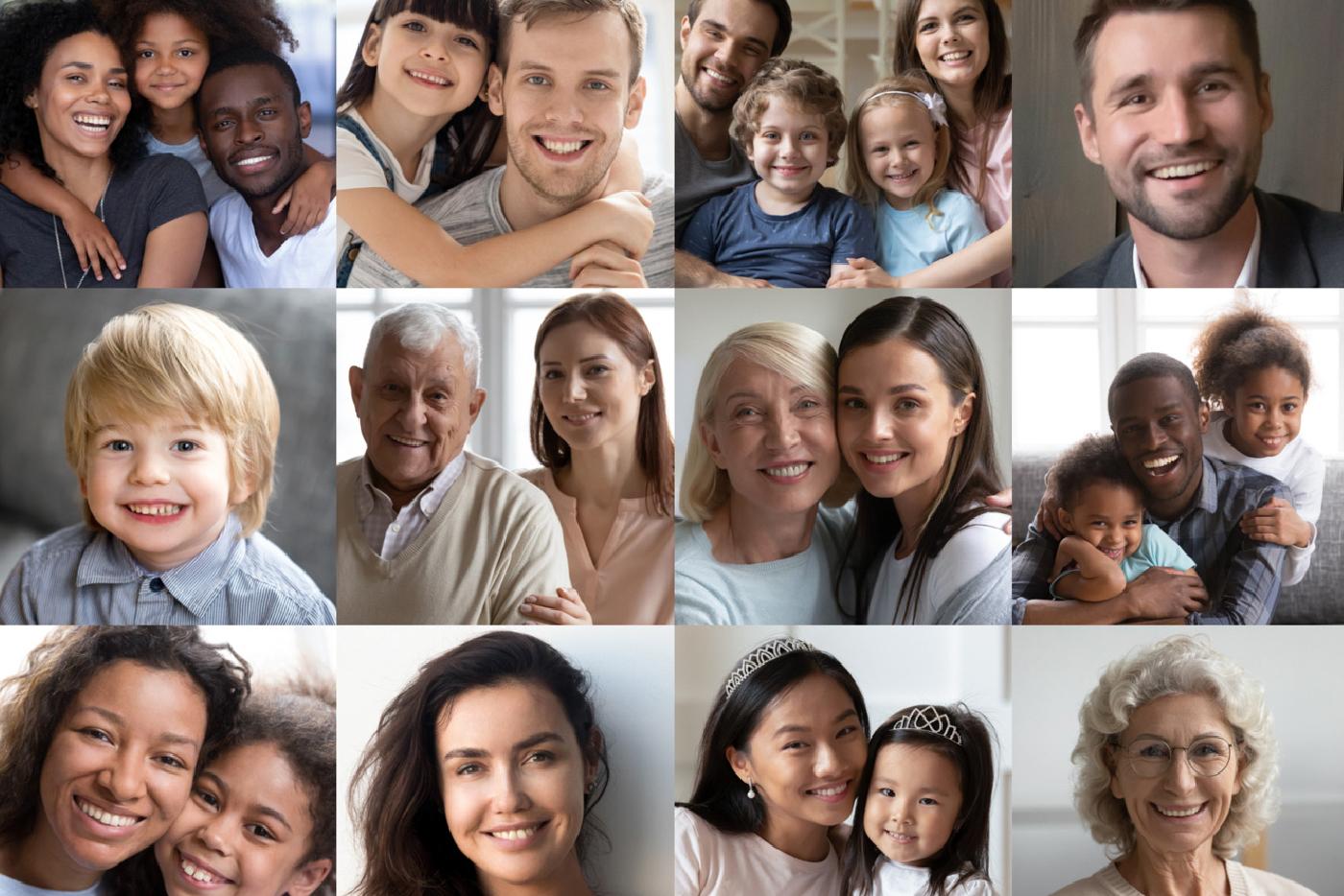 Collage of smiling, diverse families, couples, and individuals.