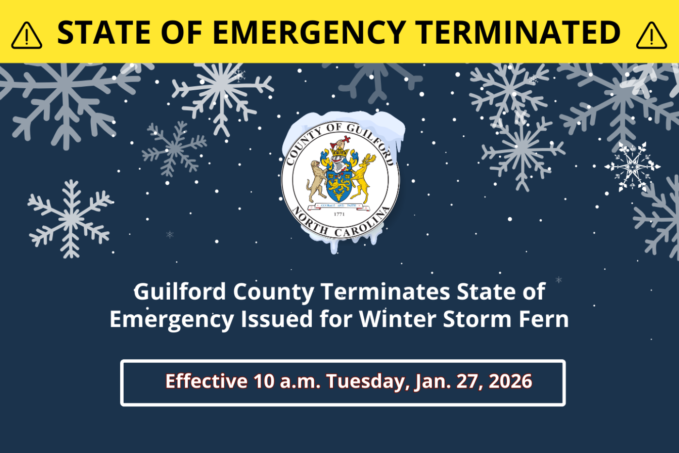 Guilford County Terminates State of Emergency Issued for Winter Storm Fern. Effective 10 a.m. Tuesday, Jan. 27, 2026.