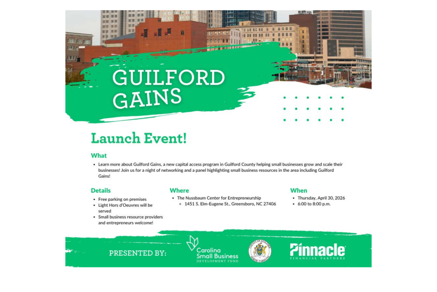 Flyer reading Guilford Gains Launch Event