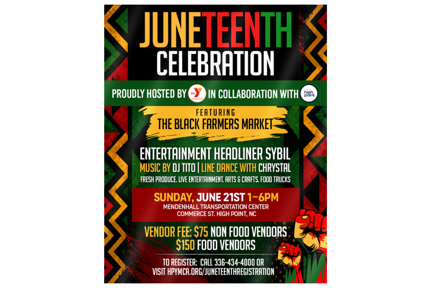 Juneteenth Celebration on Sunday, June 21, 2026 in High Point, featuring the Black Farmers Market.