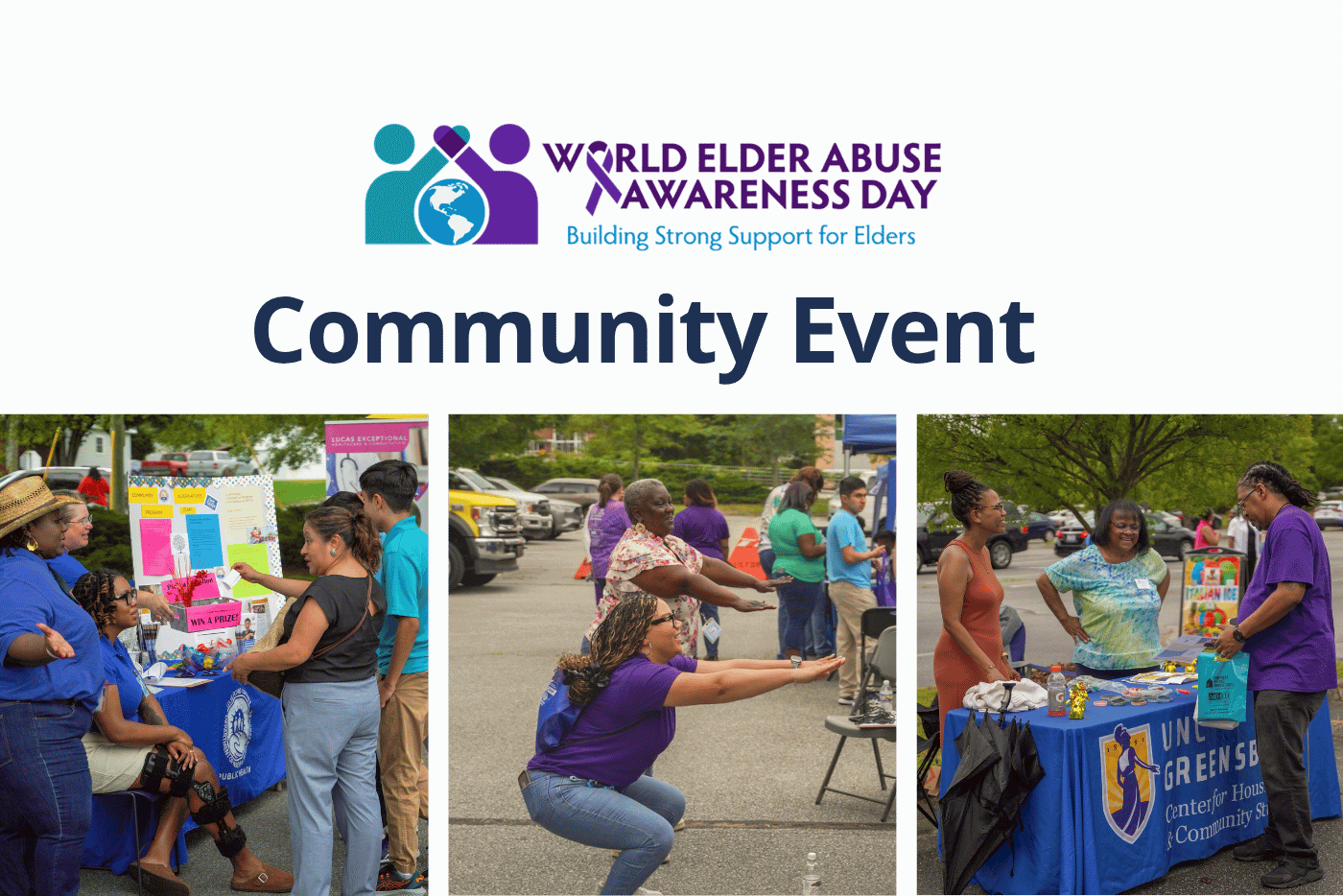 Volunteers and community members engage at an outdoor World Elder Abuse Awareness Day event with informational booths and activities