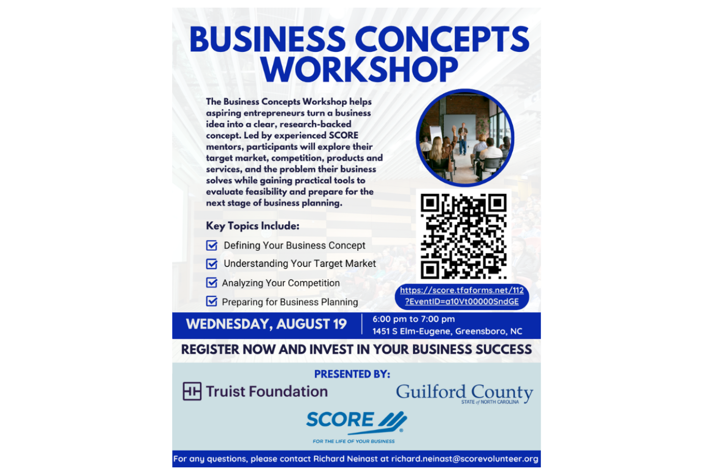 Business Concepts Workshop flyer for the August 19th event.